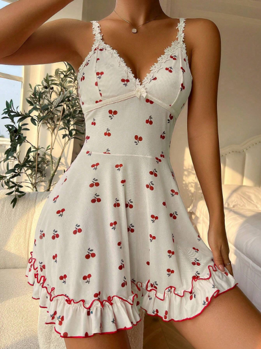 Embroidered Flower Applique Cami Sleep Dress With Ruffle Hem