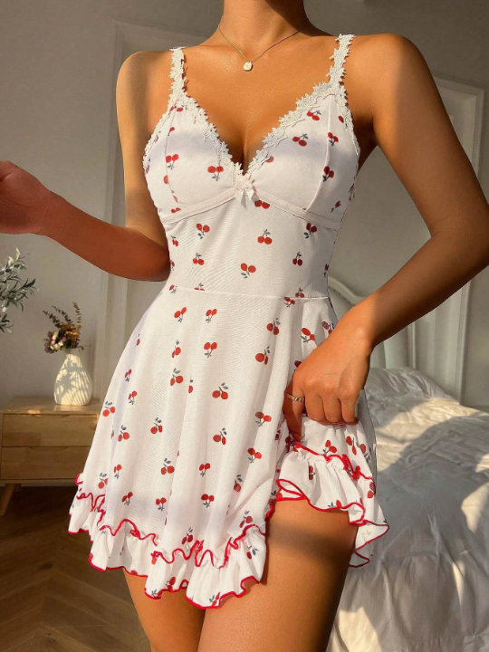 Embroidered Flower Applique Cami Sleep Dress With Ruffle Hem