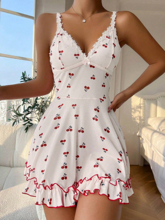 Embroidered Flower Applique Cami Sleep Dress With Ruffle Hem