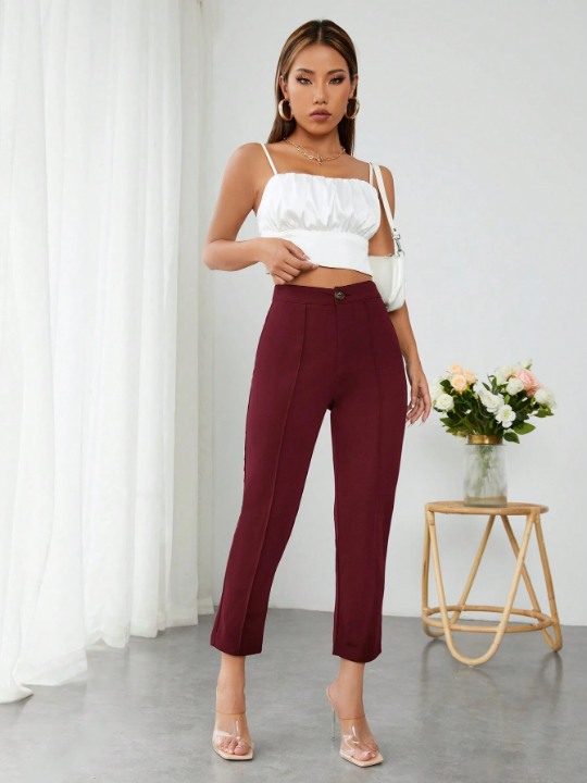 PETITE Solid Color High Waisted Long Trousers