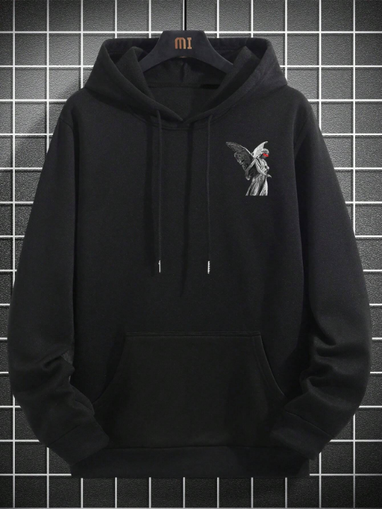 Manfinity EMRG Loose Men's Black Angel Pattern Hooded Drawstring Casual Sweatshirt