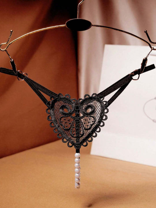 Vintage Pearl Heart Detail T-back Underwear For Women, Sexy & Tempting With Low Waist And Beaded Strap