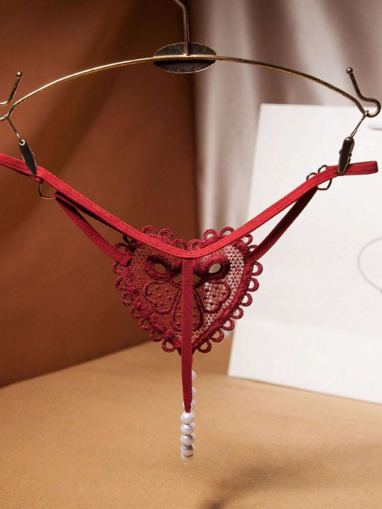 Vintage Pearl & Heart Decor T-back Panties For Women, Sexy Low Rise G-string With Beaded Detail