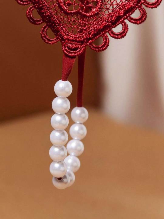 Vintage Pearl & Heart Decor T-back Panties For Women, Sexy Low Rise G-string With Beaded Detail