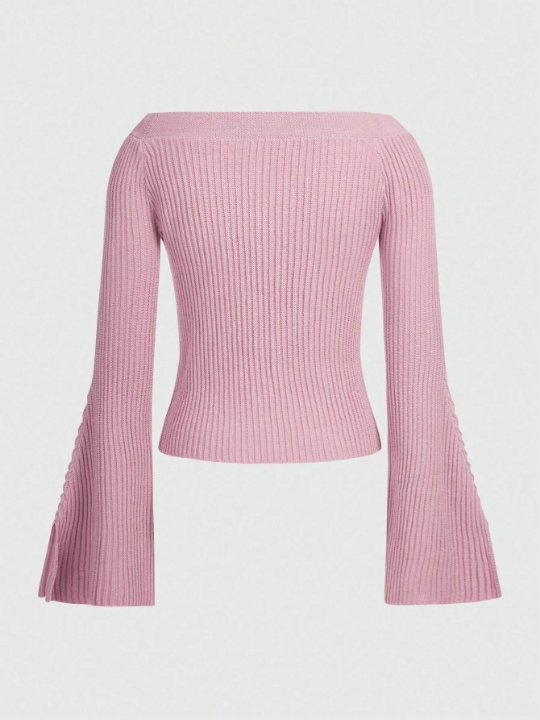 ROMWE Kawaii Basic Solid Color Flared Sleeves Off-Shoulder Pink Skinny Ladies' Sweater