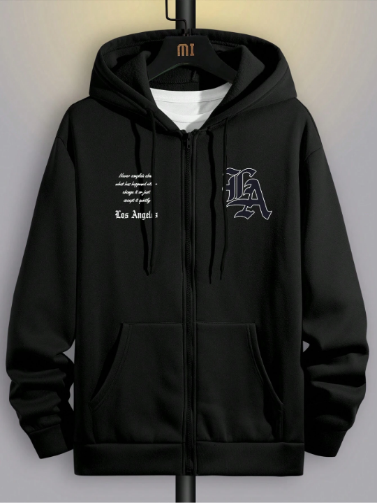 Manfinity Homme Loose Fit Men's Hooded Fleece Sweatshirt With Slogan Print And Drawstring