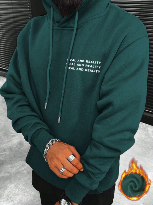 Manfinity Homme Loose Men's Letter Printed Kangaroo Pocket Drawstring Hoodie