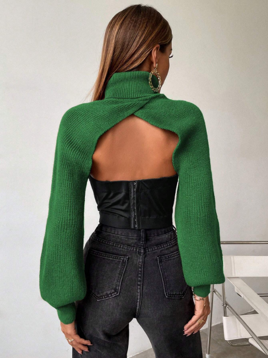 Priv Solid Color Turtleneck Lantern Sleeve Cape Sweater