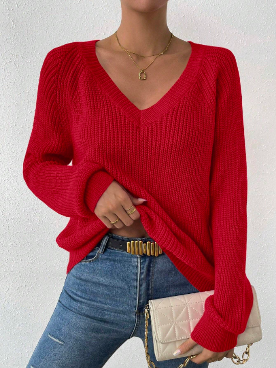 Essnce Solid Color Round Neck Raglan Sleeve Sweater