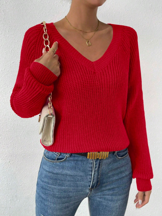 Essnce Solid Color Round Neck Raglan Sleeve Sweater