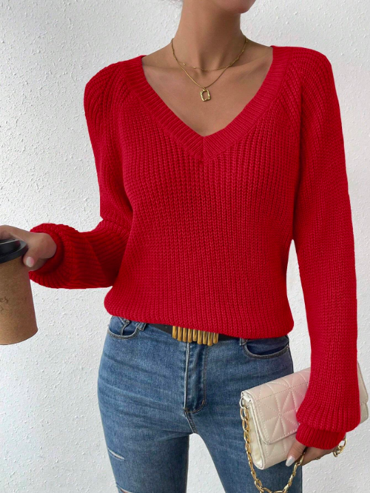 Essnce Solid Color Round Neck Raglan Sleeve Sweater