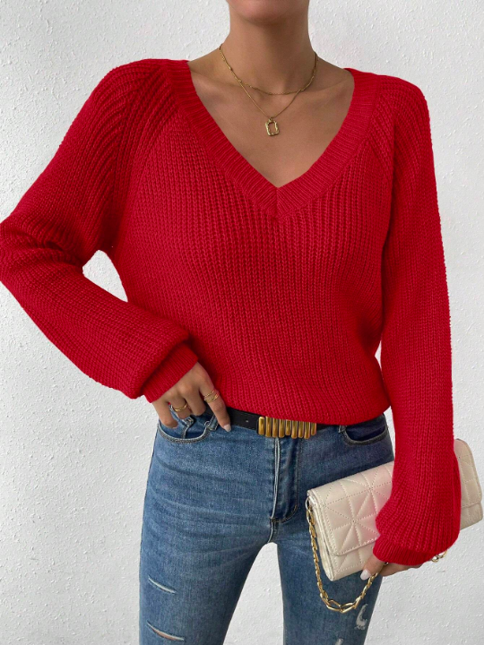 Essnce Solid Color Round Neck Raglan Sleeve Sweater