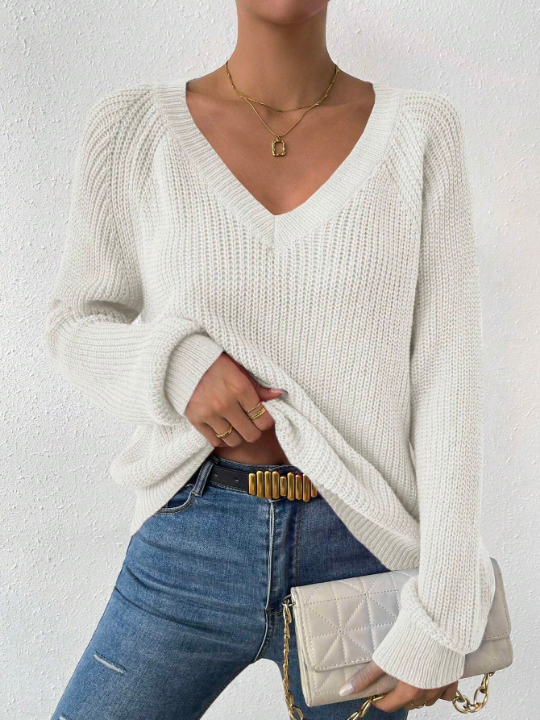 Essnce Solid Raglan Sleeve Ribbed Knit Sweater