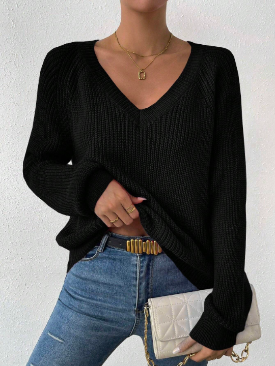 Essnce V Neck Raglan Sleeve Ribbed Knit Sweater