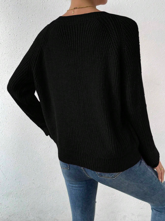 Essnce V Neck Raglan Sleeve Ribbed Knit Sweater