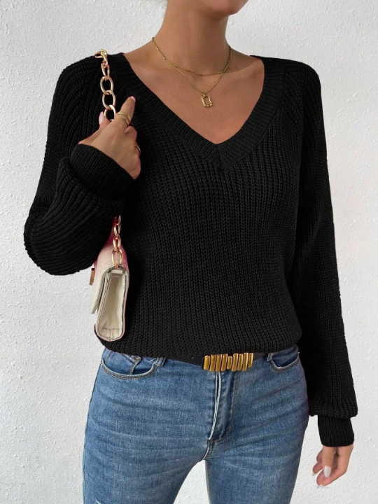 Essnce V Neck Raglan Sleeve Ribbed Knit Sweater