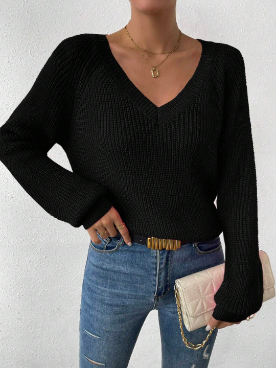 Essnce V Neck Raglan Sleeve Ribbed Knit Sweater