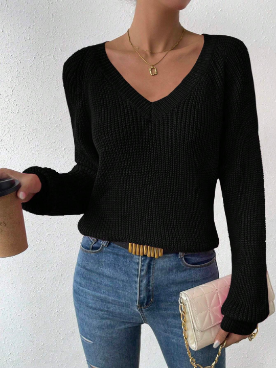 Essnce V Neck Raglan Sleeve Ribbed Knit Sweater