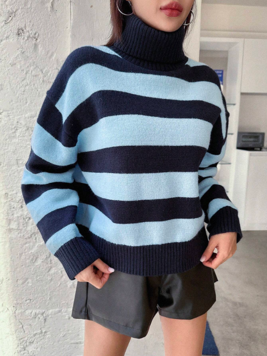 DAZY High Neck Striped Long Sleeve Sweater