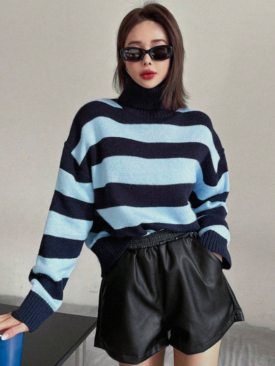 DAZY High Neck Striped Long Sleeve Sweater