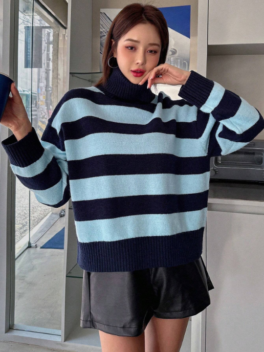 DAZY High Neck Striped Long Sleeve Sweater