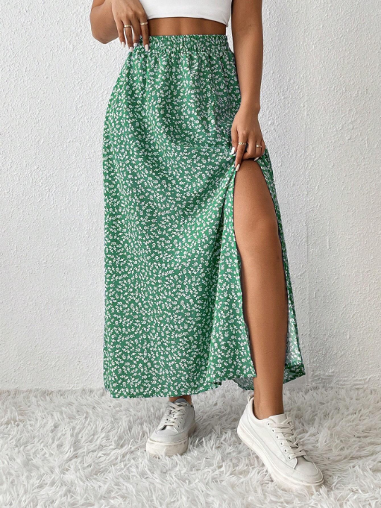 PETITE Floral Print High Slit Skirt