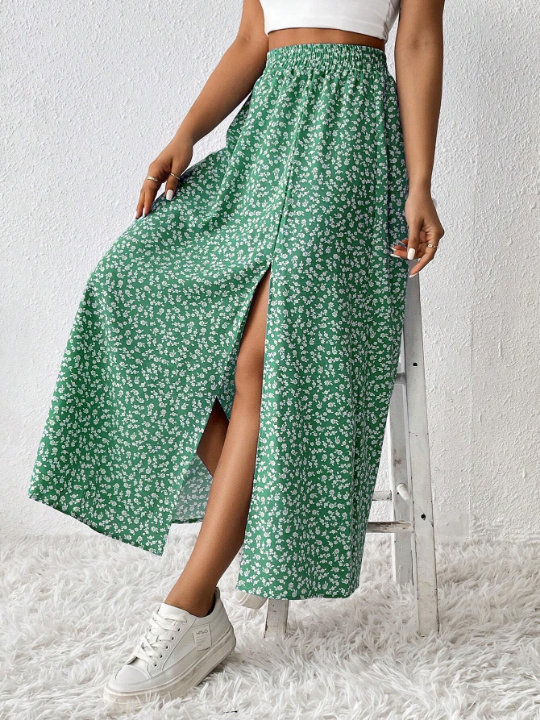 PETITE Floral Print High Slit Skirt