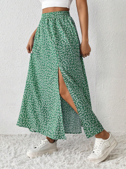 PETITE Floral Print High Slit Skirt