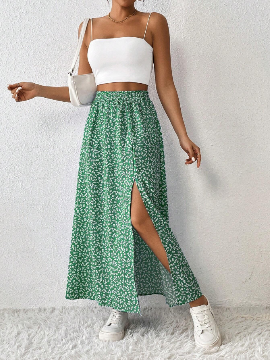 PETITE Floral Print High Slit Skirt