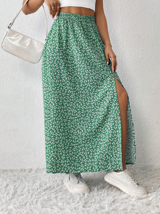 PETITE Floral Print High Slit Skirt