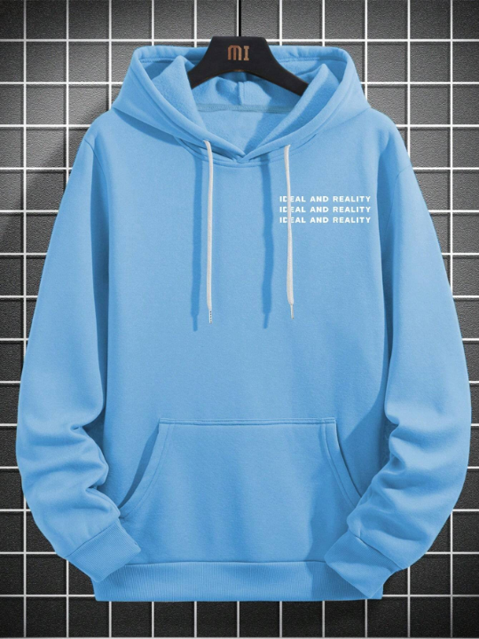 Manfinity Homme Loose Fit Men's Slogan Graphic Kangaroo Pocket Drawstring Hoodie