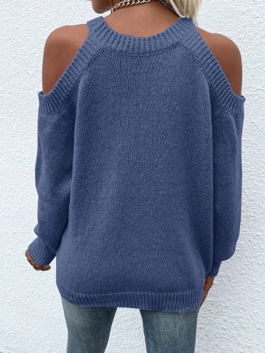 LUNE Solid Color Cold-Shoulder Casual Sweater