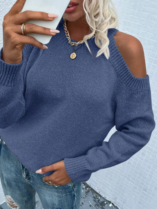 LUNE Solid Color Cold-Shoulder Casual Sweater