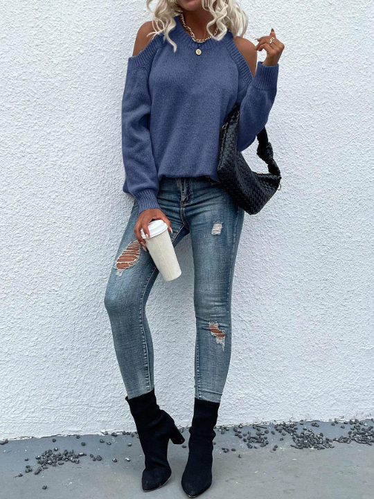 LUNE Solid Color Cold-Shoulder Casual Sweater