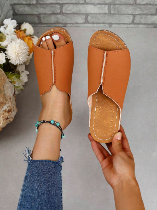 Women'S Summer Casual Wedge Heel Platform V-Cut Slippers Solid Color Fashionable Sandals