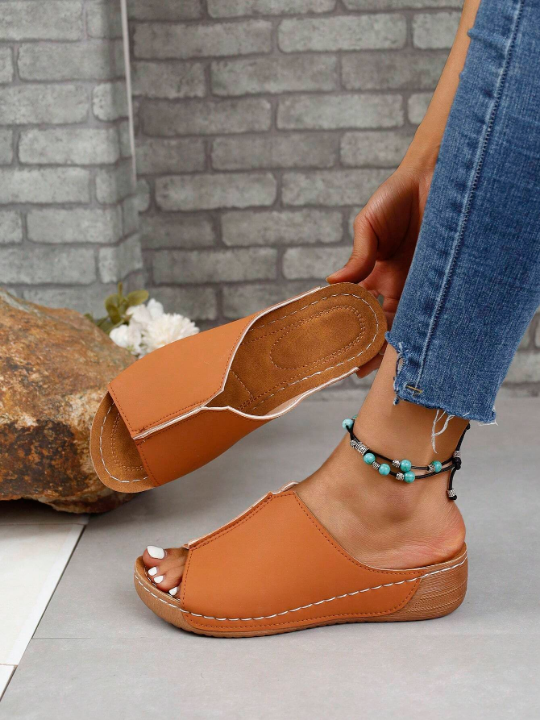 Women'S Summer Casual Wedge Heel Platform V-Cut Slippers Solid Color Fashionable Sandals