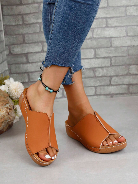 Women'S Summer Casual Wedge Heel Platform V-Cut Slippers Solid Color Fashionable Sandals