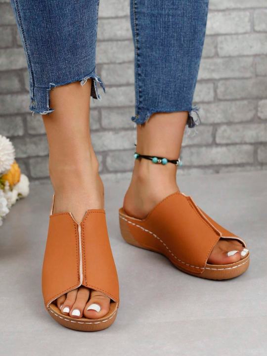 Women'S Summer Casual Wedge Heel Platform V-Cut Slippers Solid Color Fashionable Sandals