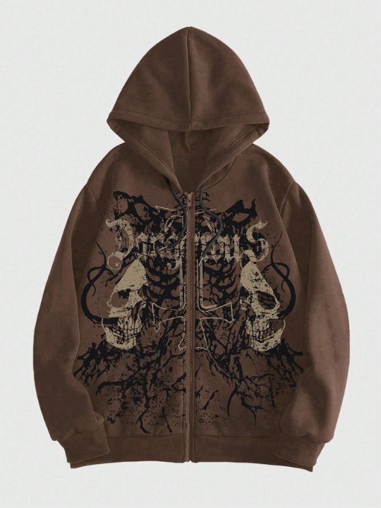 ROMWE Grunge Punk Men's Skull Letter Print Zipper Closure Hoodie, Long Sleeve