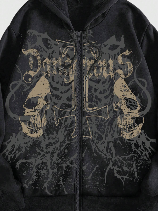 ROMWE Grunge Punk Men's Skull Letter Print Zip Up Hoodie With Long Sleeve