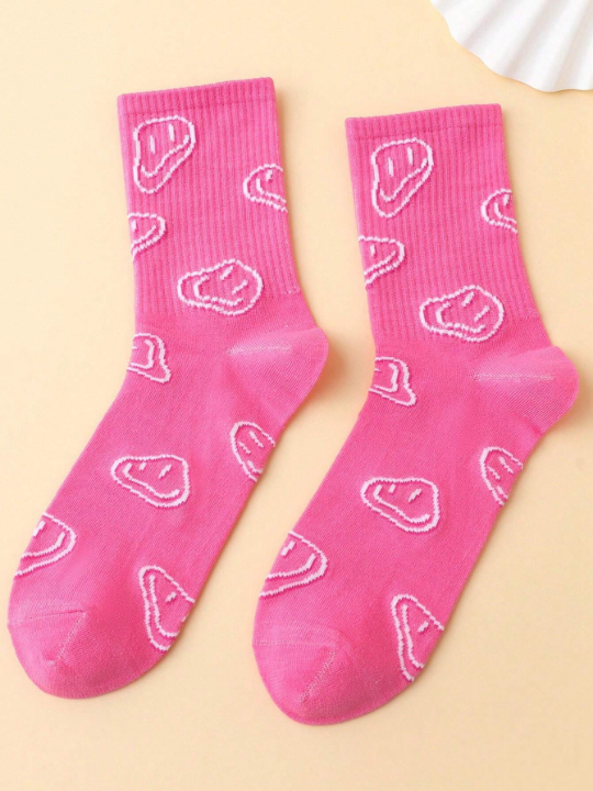 Alice Fashionable Pink Face Pattern Jacquard Mid-Calf Socks