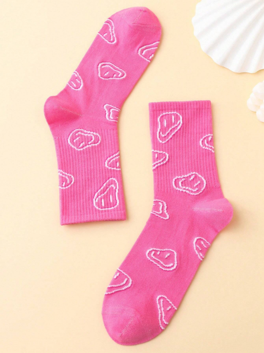 Alice Fashionable Pink Face Pattern Jacquard Mid-Calf Socks