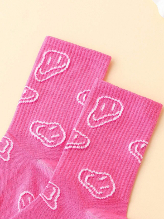 Alice Fashionable Pink Face Pattern Jacquard Mid-Calf Socks