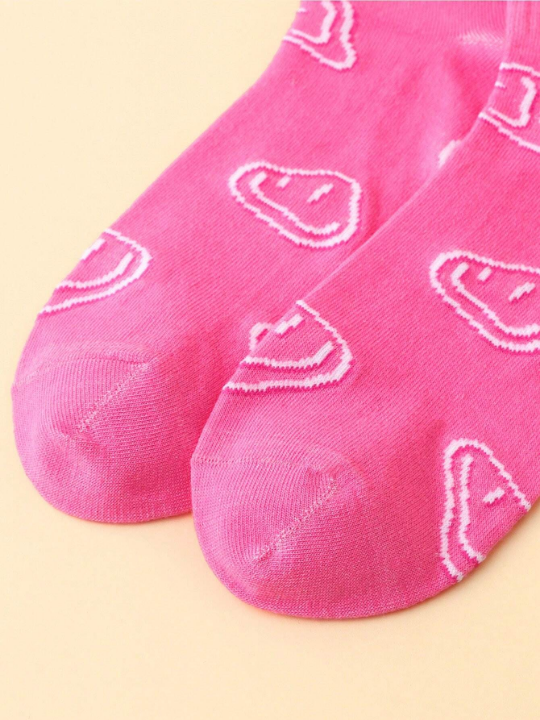 Alice Fashionable Pink Face Pattern Jacquard Mid-Calf Socks