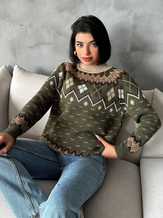 Women'S Geometric Pattern Raglan Sleeves Stand Collar Sweater