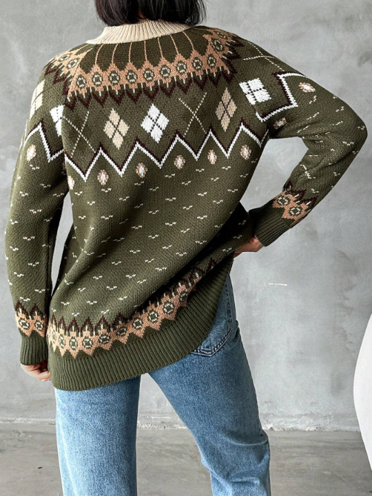 Women'S Geometric Pattern Raglan Sleeves Stand Collar Sweater