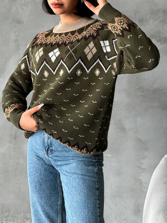 Women'S Geometric Pattern Raglan Sleeves Stand Collar Sweater