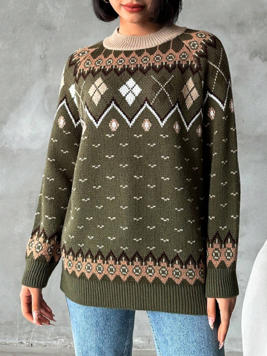 Women'S Geometric Pattern Raglan Sleeves Stand Collar Sweater