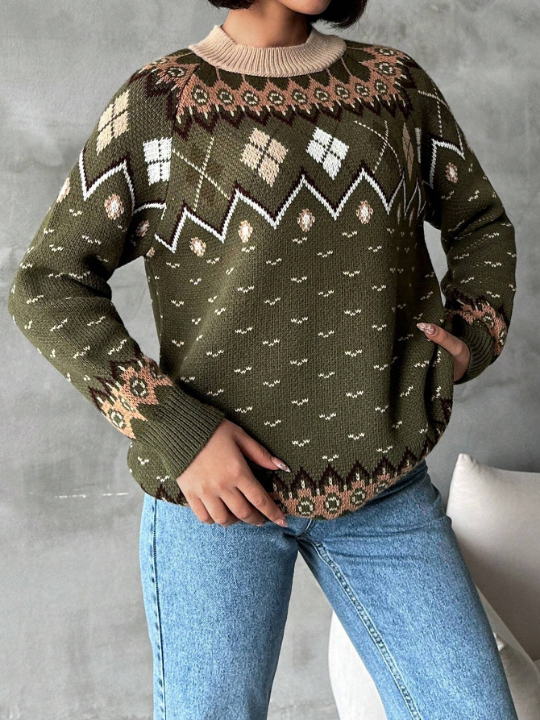 Women'S Geometric Pattern Raglan Sleeves Stand Collar Sweater