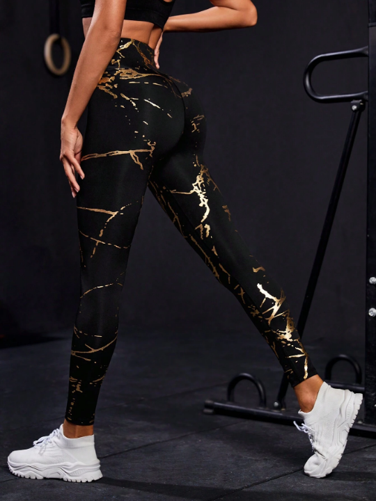 Yoga Trendy High Waisted Slim Fit Yoga Pants And Leggings With Golden Print